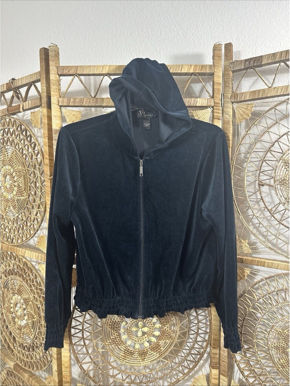 Vintage Harold’s Black Velour Hoodie M Y2K Full Zip Cropped Track Jacket